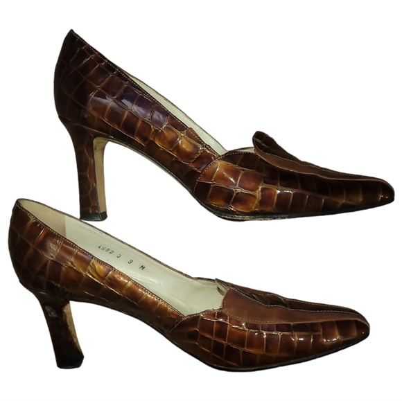 Vtg Pepe Jimenez brown faux crocodile pointed toe heels made in Spain 9 - Picture 2 of 6